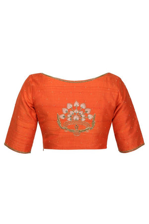 Buy orange raw silk saree blouse online in USA with hand embroidery. Match your designer sarees with stylish readymade sari blouses available at Pure Elegance clothing store in USA or shop online.-back