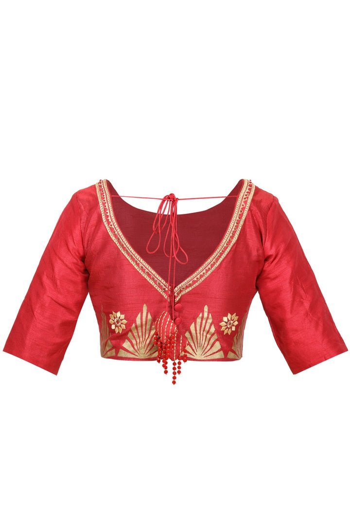 Buy red raw silk saree blouse online in USA with embroidery and block print. Take your saree style a level up with beautiful readymade sari blouses from Pure Elegance Indian fashion store in USA. You can also shop Indian clothing online from our online shopping website.-back