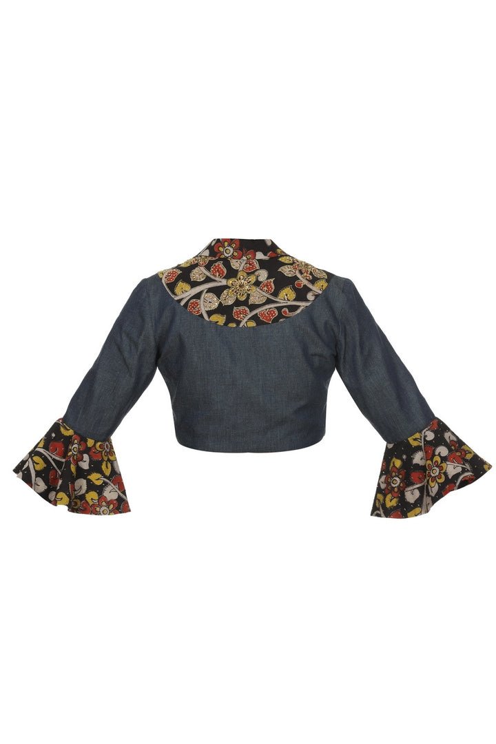 Shop denim blouse online in USA with black Kalamkari ruffle sleeves. Take your saree style a level up with beautiful readymade sari blouses from Pure Elegance Indian fashion store in USA. You can also shop Indian clothing online from our online shopping website.-back