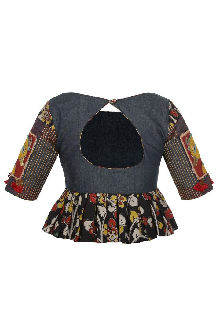 Buy denim blouse online in USA with Kalamkari applique. For a chic twist to your sarees choose from a range of exquisite designer saree blouse from Pure Elegance Indian clothing store in USA or shop online.-back