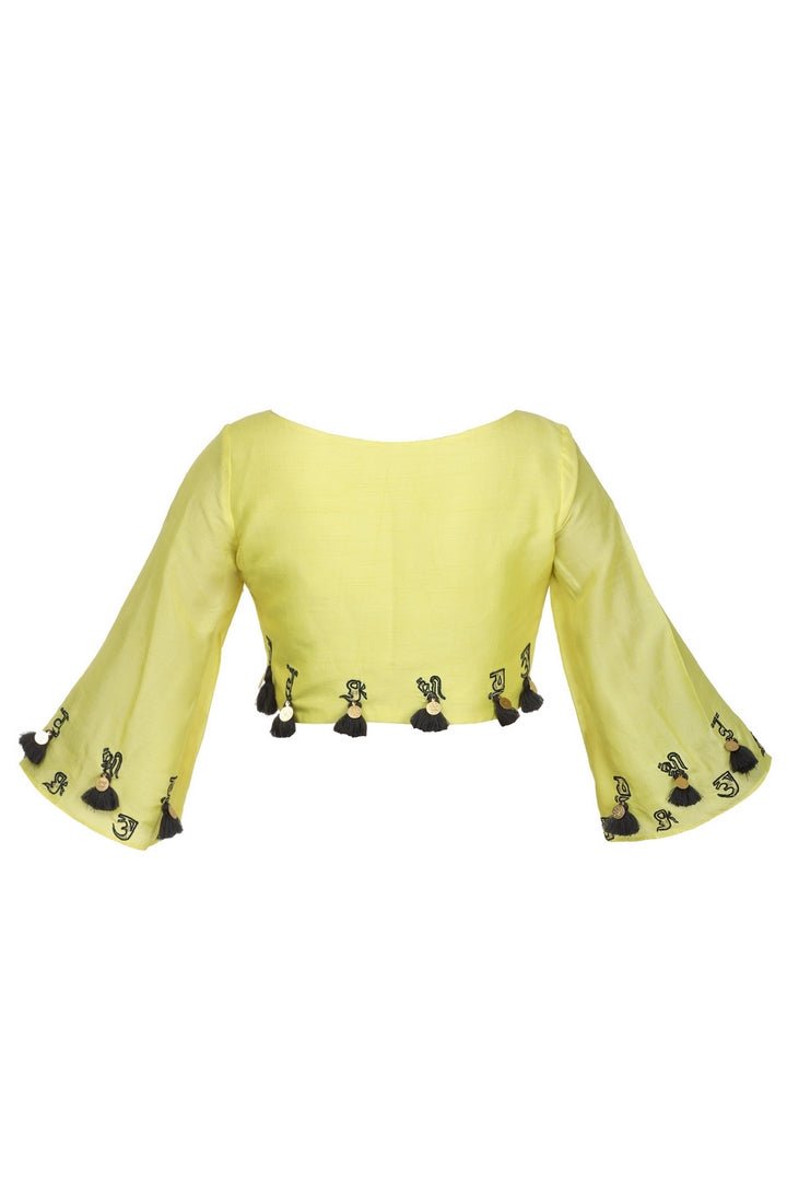 Buy yellow blouse online in USA with block print. For a chic style choose from a range of exquisite Indian clothing from Pure Elegance Indian clothing store in USA or shop online.-back