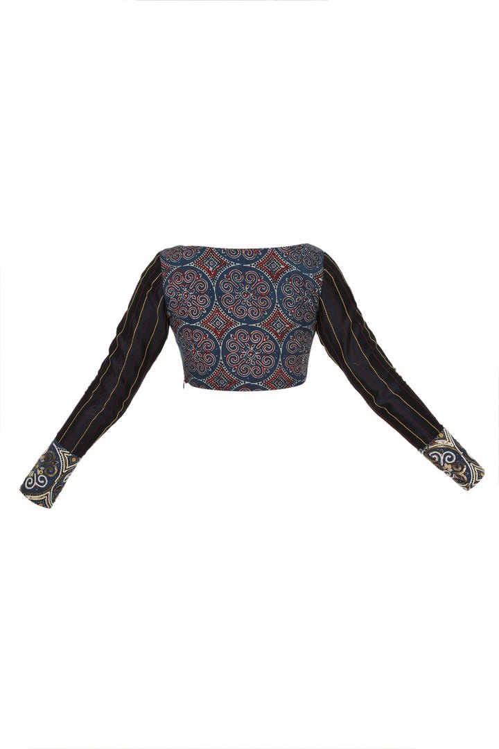 Buy black and blue Ajrakh print saree blouse online in USA with boat neckline. Make your designer sarees more attractive with a range of exquisite Indian saree blouses from Pure Elegance Indian clothing store in USA or shop online.-back