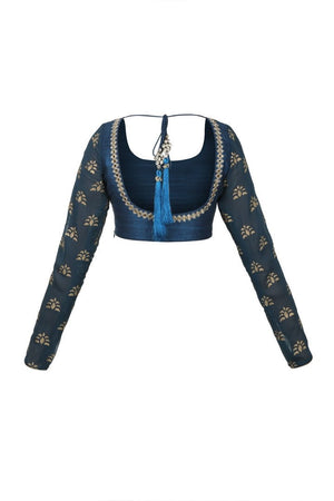 Shop peacock blue embroidered raw silk saree blouse online in USA. Make your designer sarees more attractive with a range of exquisite Indian designer sari blouses from Pure Elegance Indian clothing store in USA or shop online.-back