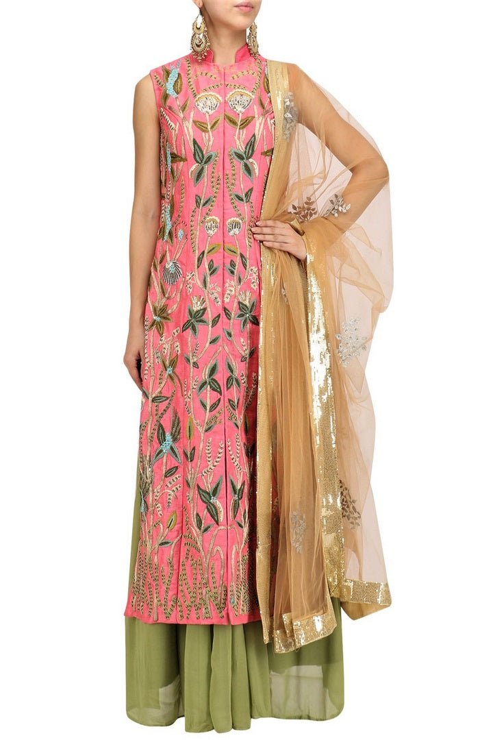 Buy peach embroidered floor-length silk jacket online in USA with green georgette skirt. Make your ethnic look absolutely captivating in Indian designer dresses from Pure Elegance exclusive Indian clothing store in USA or shop online.-full view