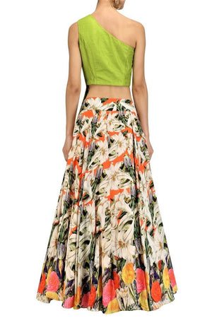 Buy lime green embroidered blouse with white floral skirt online in USA. Make your ethnic look absolutely captivating in Indian designer dresses, party dresses from Pure Elegance exclusive Indian clothing store in USA or shop online.-back