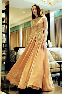 Buy peach embroidered velvet designer gown online in USA. Bring a glamorous touch to your look in fashionable designer dresses, gowns from Pure Elegance clothing store in USA or shop online.-full view