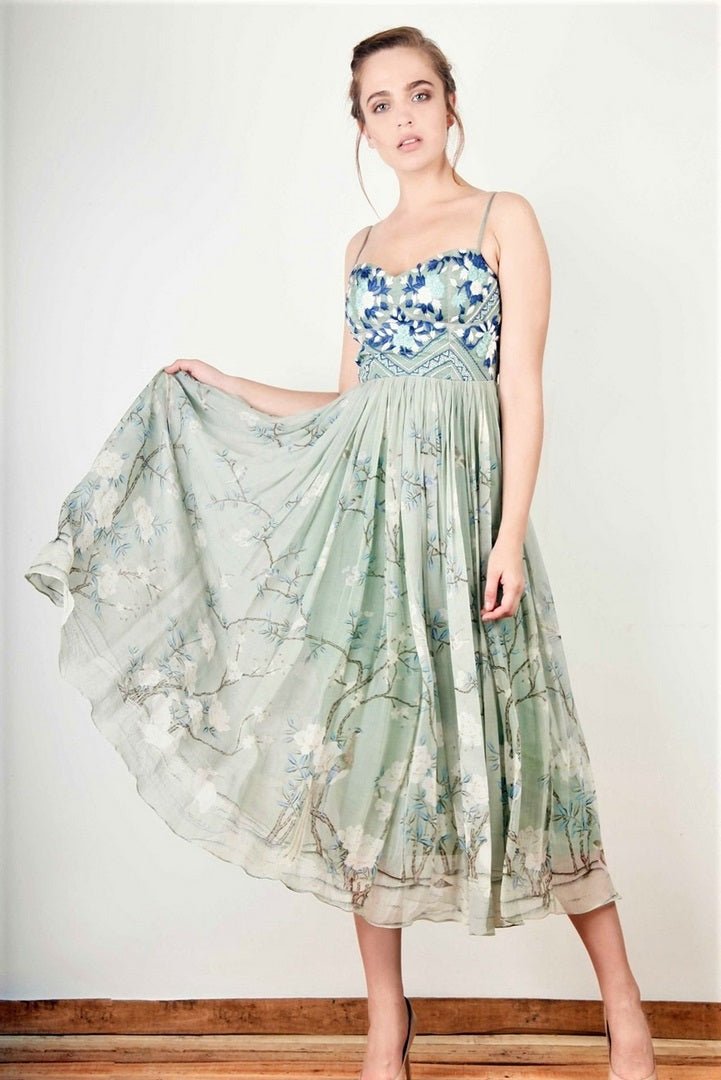 Buy sap green embroidered vintage summer maxi dress online in USA. Bring a glamorous touch to your look in fashionable designer dresses, gowns, Indowestern dresses from Pure Elegance clothing store in USA or shop online.-full view