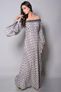 Buy Grey Printed Off Shoulder Maxi Dress online in USA. Make your Indian look stylish with exquisite Indian designer dresses from Pure Elegance Indian clothing store for women in USA or shop online.-full view