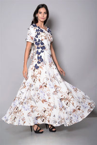 Buy White Printed Maxi Dress With Butterfly Appliqué online in USA. Make your Indian look stylish with exquisite Indian designer dresses from Pure Elegance Indian clothing store for women in USA or shop online.-full view