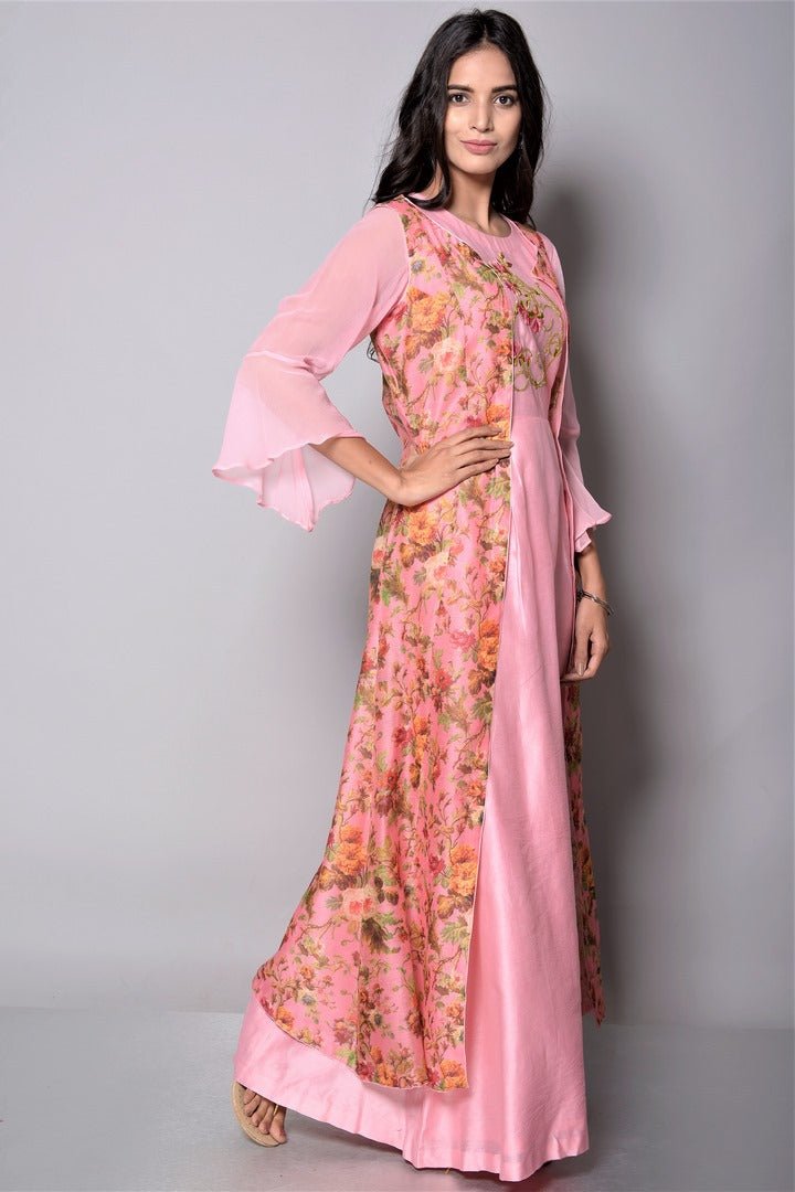 Buy Pale Pink Maxi Dress with Printed Cape online in USA. Make your Indian look stylish with exquisite Indian designer dresses from Pure Elegance Indian clothing store for women in USA or shop online.-full view
