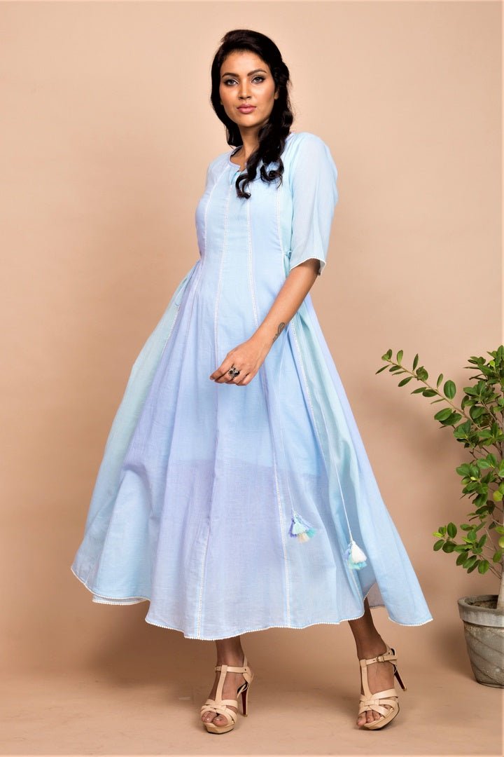 Buy sky blue tie dye full flare long dress online in USA at Pure Elegance. Bring a refreshing touch to your summer look with alluring Indian dresses, Indowestern dresses available at our exclusive fashion store in USA or shop at our online store.-side