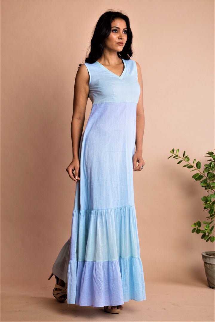 Buy blue and lilac tie dye floor length dress with frills online in USA at Pure Elegance. Bring a refreshing touch to your summer look with alluring Indian dresses, Indowestern dresses available at our exclusive fashion store in USA or shop at our online store.-side