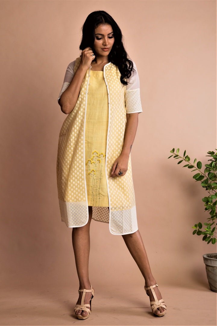 Buy fashionable beige and light yellow embroidered cotton jacket online in USA at Pure Elegance. Bring a refreshing touch to your look with alluring Indian dresses, Indowestern dresses, party dresses available at our exclusive fashion store in USA or shop at our online store.-full view