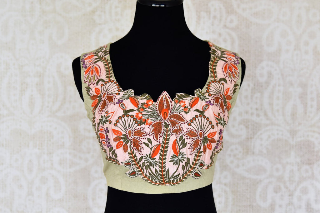 Shop sage green embroidered sleeveless cotton saree blouse online in USA. Enhance your ethnic saree look with beautiful Indian designer saree blouses from Pure Elegance Indian fashion store in USA.-front