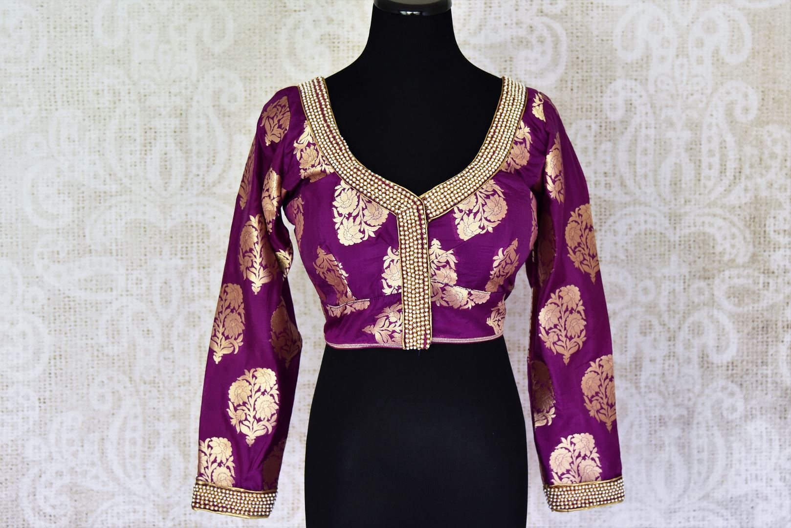 Buy purple embroidered Banarasi saree blouse online in USA. Match your saree with exquisite designer saree blouses from Pure Elegance clothing store in USA. Shop now at our store or visit online.-front