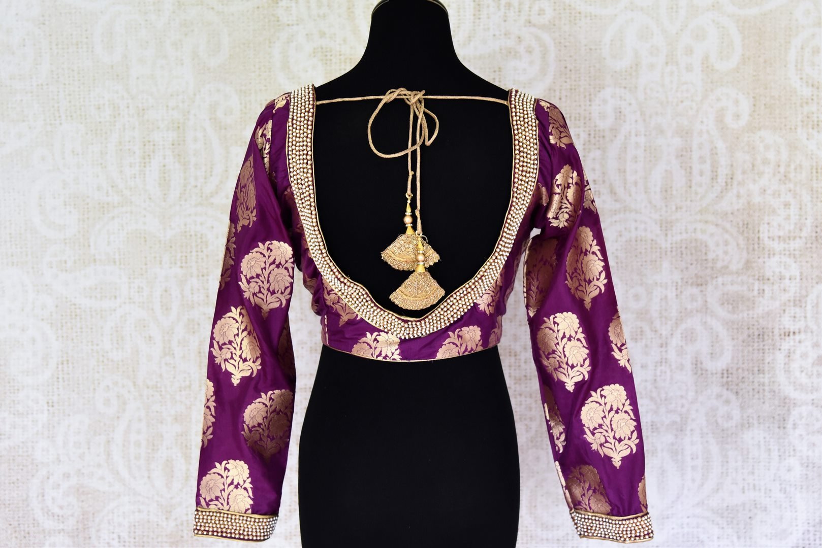 Buy purple embroidered Banarasi saree blouse online in USA. Match your saree with exquisite designer saree blouses from Pure Elegance clothing store in USA. Shop now at our store or visit online.-back