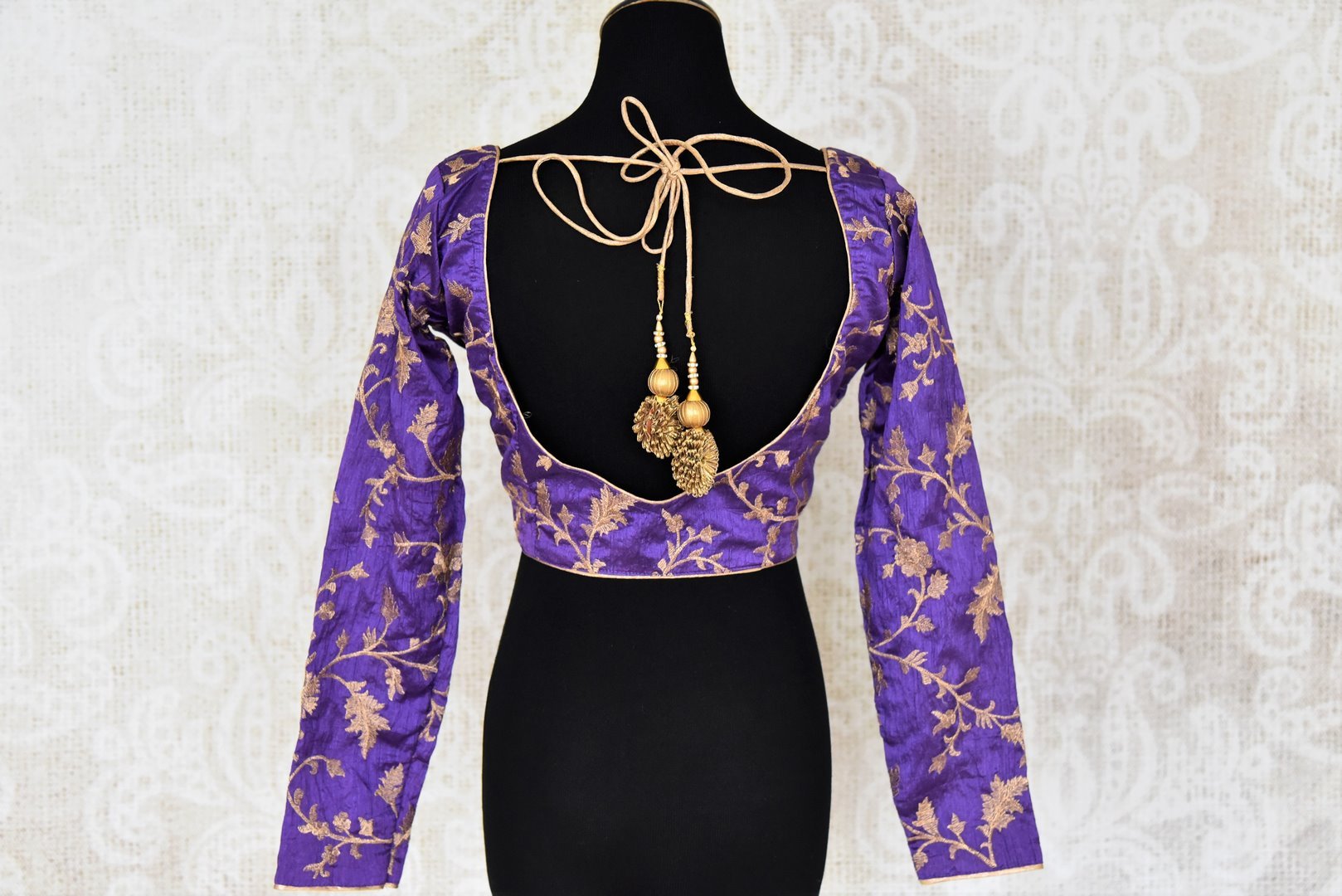 Shop purple embroidered silk full sleeves sari blouse online in USA. Elevate your traditional Indian sarees with matching and contrasting readymade saree blouses from Pure Elegance Indian clothing store in USA.-back
