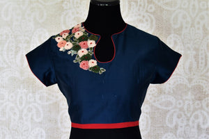 Shop navy blue embroidered chanderi readymade saree blouse online in USA, Elevate your saree style with a stunning variety of designer saree blouses from Pure Elegance Indian clothing store in USA, Shop now.-front