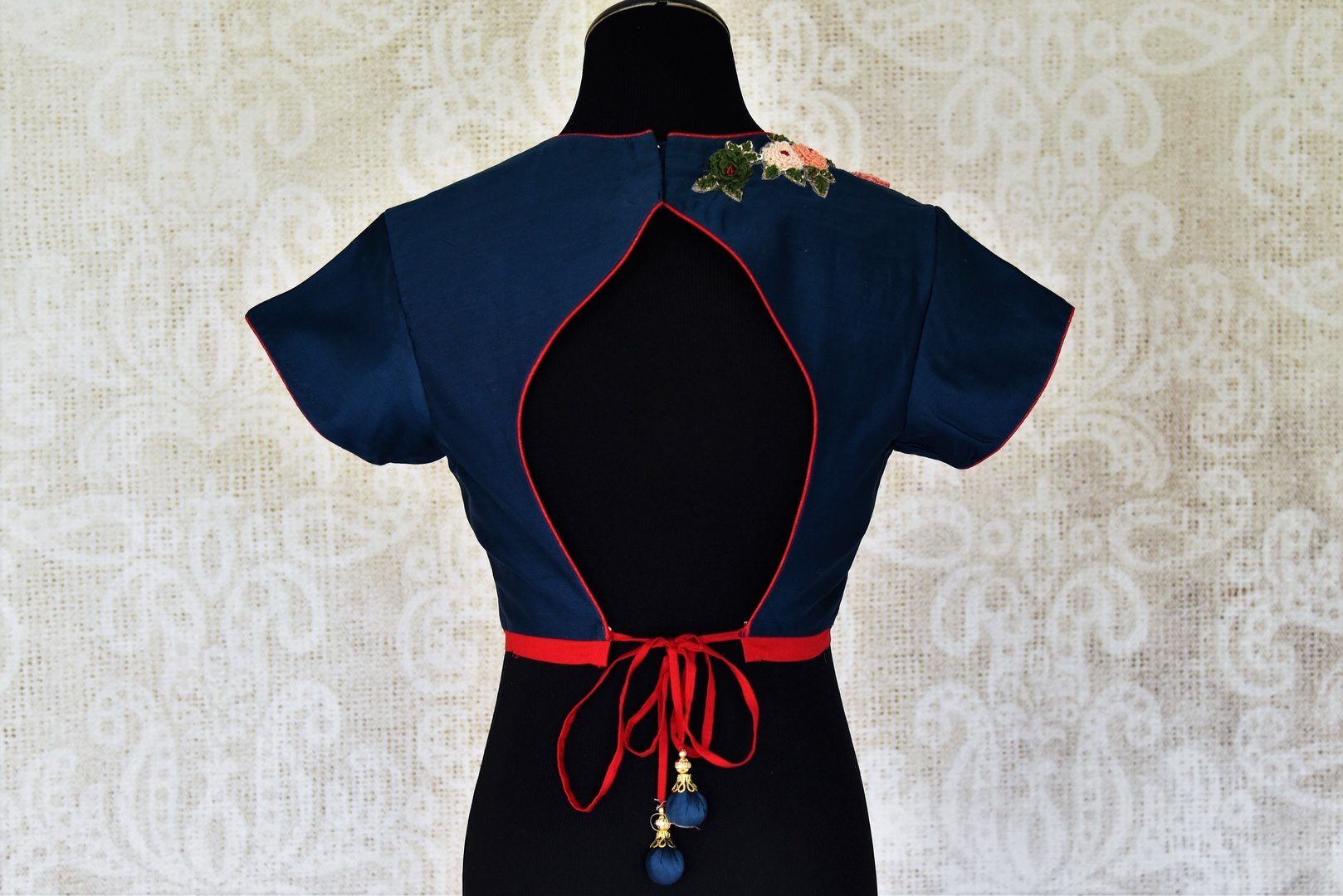 Shop navy blue embroidered chanderi readymade saree blouse online in USA, Elevate your saree style with a stunning variety of designer saree blouses from Pure Elegance Indian clothing store in USA, Shop now.-back