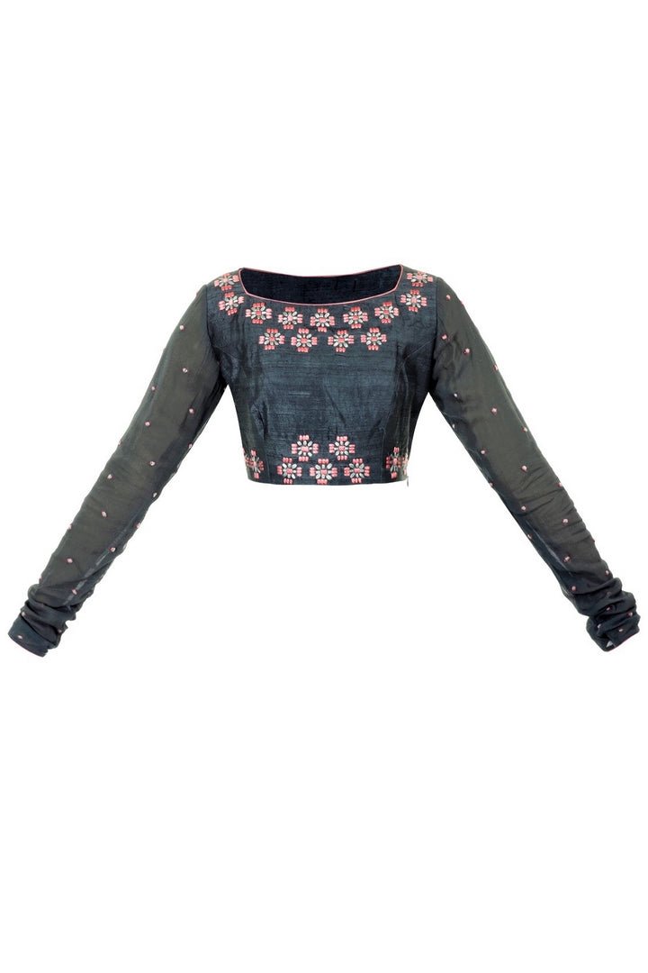 Shop grey raw silk saree blouse with machine embroidery online in USA. Find the right matching saree blouses for your designer sarees at Pure Elegance online store. We have an alluring collection of designer readymade sari blouses at our exclusive fashion store in USA. Shop now.-front