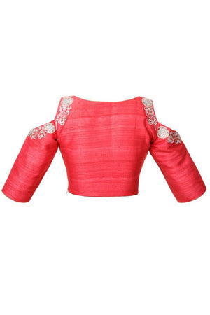 Buy rouge pink raw silk cold shoulder saree blouse online in USA. Find the right matching saree blouses for your designer sarees at Pure Elegance online store. We have an alluring collection of designer readymade sari blouses at our exclusive fashion store in USA. Shop now.-back