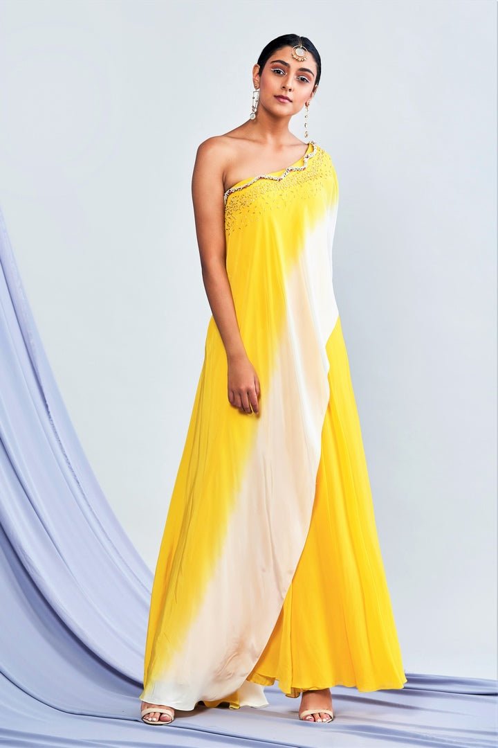 Buy ombre dyed off shoulder jumpsuit online in USA with hand embroidery. Shop exclusive Indian designer saris, party sarees, wedding sarees in USA at Pure Elegance clothing store. Explore a range of traditional Indian women clothing also available at our online store. Shop now.-full view