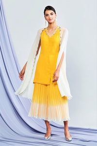 Buy yellow georgette kurta with cape online in USA and sharara pants. Shop exclusive Indian designer saris, party sarees, wedding dresses in USA at Pure Elegance clothing store. Explore a range of traditional Indian women clothing also available at our online store. Shop now.-full view