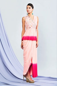 Buy elegant ombre pink embroidered peplum kurta with drape skirt online in USA. Shop exclusive Indian designer saris, party sarees, wedding dresses in USA at Pure Elegance clothing store. Explore a range of traditional Indian women clothing also available at our online store. Shop now.-full view