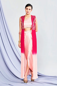 Shop blush pink embroidered top with drape skirt and cape online in USA. Shop exclusive Indian designer saris, party dresses, wedding dresses in USA at Pure Elegance clothing store. Explore a range of traditional Indian women clothing also available at our online store. Shop now.-full view