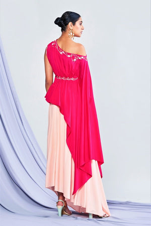 Buy pink one-shoulder embroidered top with drape skirt online in USA. Shop exclusive Indian designer saris, party dresses, wedding dresses in USA at Pure Elegance clothing store. Explore a range of traditional Indian women clothing also available at our online store. Shop now.-back