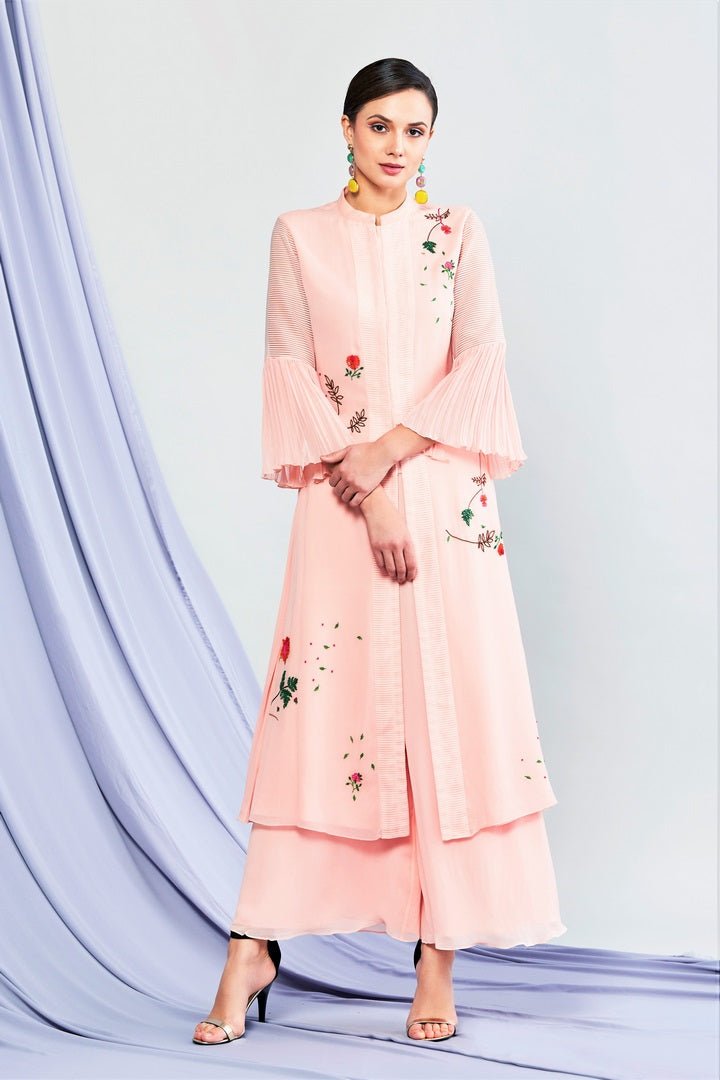 Buy blush pink embroidered kurta with palazzo online in USA. Shop exclusive Indian designer saris, party dresses, wedding dresses in USA at Pure Elegance clothing store. Explore a range of traditional Indian women clothing also available at our online store. Shop now.-full view