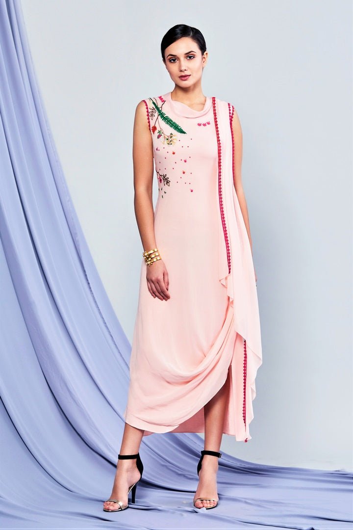 Buy blush pink embroidered midi dress with attached drape online in USA. Shop exclusive Indian designer sarees, party dresses, wedding dresses in USA at Pure Elegance clothing store. Explore a range of traditional Indian women clothing also available at our online store. Shop now.-full view