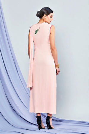 Buy blush pink embroidered midi dress with attached drape online in USA. Shop exclusive Indian designer sarees, party dresses, wedding dresses in USA at Pure Elegance clothing store. Explore a range of traditional Indian women clothing also available at our online store. Shop now.-back