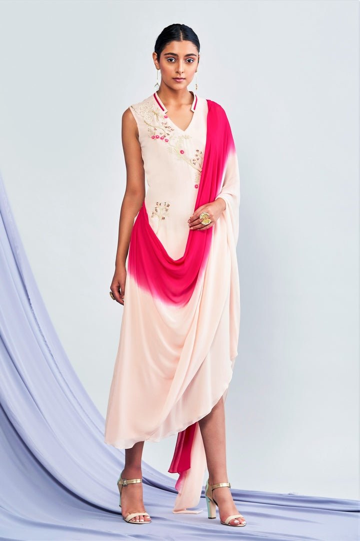Shop ombre pink embroidered georgette midi dress with attached drape online in USA. Shop exclusive Indian designer sarees, party dresses, wedding dresses in USA at Pure Elegance clothing store. Explore a range of traditional Indian women clothing also available at our online store. Shop now.-full view