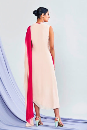 Shop ombre pink embroidered georgette midi dress with attached drape online in USA. Shop exclusive Indian designer sarees, party dresses, wedding dresses in USA at Pure Elegance clothing store. Explore a range of traditional Indian women clothing also available at our online store. Shop now.-back