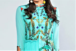 Buy turquoise blue printed drape dress online in USA. Elevate your Indian style with a range of exclusive Indian designer dresses from Pure Elegance clothing store in USA. We have an exquisite collection of Indian saris, suits, Anarkalis, lehengas for Indian women living in USA. Shop now.-top