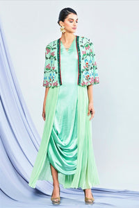 Shop sea green draped dress with printed cape jacket online in USA. Elevate your Indian style with a range of exclusive Indian designer dresses from Pure Elegance clothing store in USA. We have an exquisite collection of Indian saris, suits, Anarkalis, lehengas for Indian women living in USA. Shop now.-full view