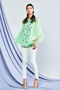 Shop sea green printed top with winged sleeves and pants online in USA. Elevate your Indian style with a range of exclusive Indian designer dresses from Pure Elegance clothing store in USA. We have an exquisite collection of Indian saris, suits, Anarkalis, lehengas for Indian women living in USA. Shop now.-full view