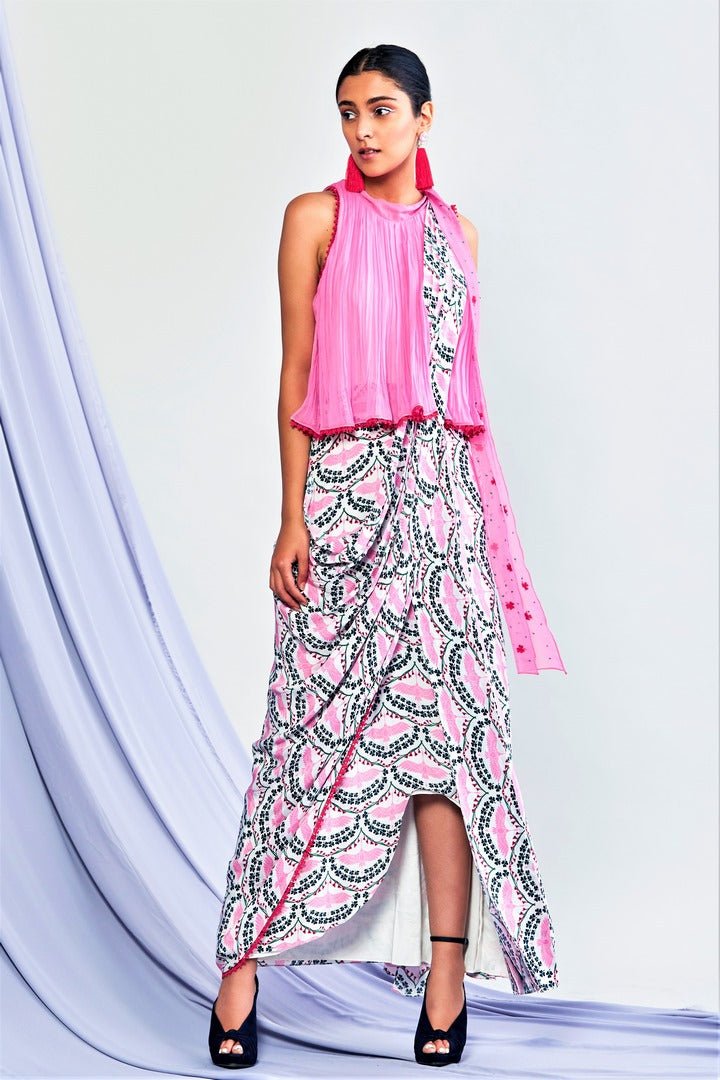 Shop pink sleeveless top with printed drape skirt online in USA. Elevate your Indian style with a range of exclusive Indian designer outfits from Pure Elegance clothing store in USA. We have an exquisite collection of Indian saris, suits, Anarkalis, lehengas for Indian women living in USA. Shop now. -full view
