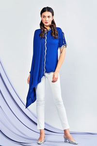 Shop ink blue embroidered aymmetric top with pants online in USA. Elevate your Indian style with a range of exclusive Indian designer outfits from Pure Elegance clothing store in USA. We have an exquisite collection of Indian sarees, suits, Anarkalis, lehengas for Indian women living in USA. Shop now. -full view