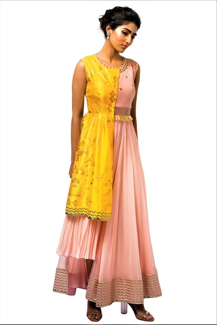 Buy pink and yellow embroidered floorlength Anarkali dress online in USA with attached drape. Make a dazzling style statement at parties, weddings and festive occasions with a range of exquisite designer dresses, designer gowns, wedding lehengas available at Pure Elegance Indian clothing store in USA or on our online store.-full view
