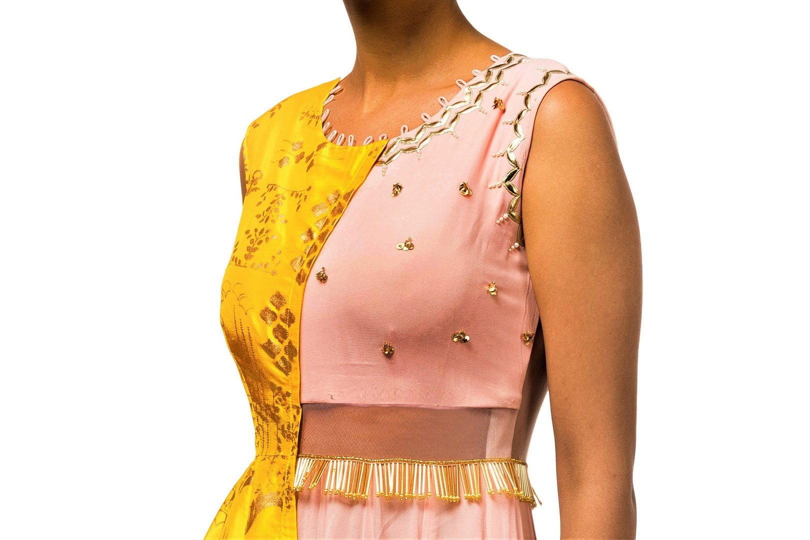 Buy pink and yellow embroidered floorlength Anarkali dress online in USA with attached drape. Make a dazzling style statement at parties, weddings and festive occasions with a range of exquisite designer dresses, designer gowns, wedding lehengas available at Pure Elegance Indian clothing store in USA or on our online store.-top