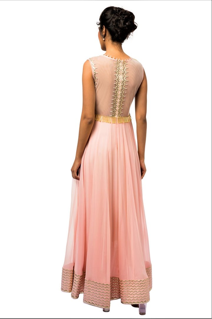 Buy pink and yellow embroidered floorlength Anarkali dress online in USA with attached drape. Make a dazzling style statement at parties, weddings and festive occasions with a range of exquisite designer dresses, designer gowns, wedding lehengas available at Pure Elegance Indian clothing store in USA or on our online store.-back