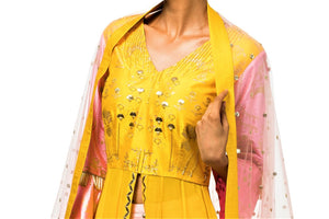 Buy yellow embroidered asymmetric kurta with pink palazzo online in USA and dupatta. Make a dazzling style statement at parties, weddings and festive occasions with a range of exquisite designer dresses, designer gowns, wedding lehengas available at Pure Elegance Indian clothing store in USA or on our online store.-top