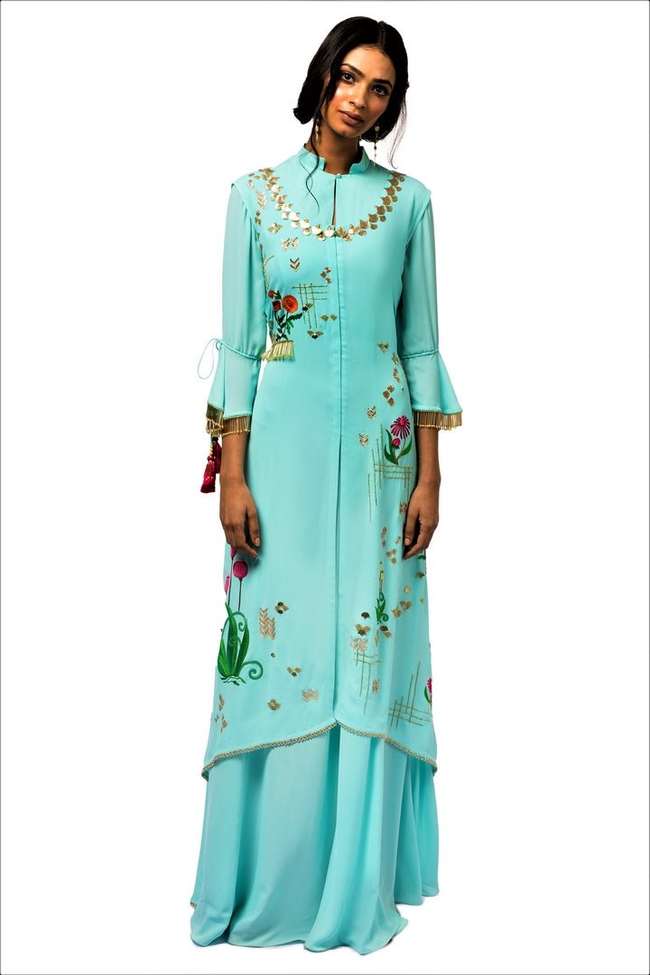Buy sky blue embroidered kurta with skirt online in USA. Make a dazzling style statement at parties, weddings and festive occasions with a range of exquisite designer dresses, designer gowns, wedding lehengas available at Pure Elegance Indian clothing store in USA or on our online store.-full view