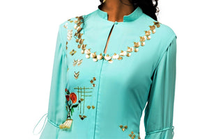 Buy sky blue embroidered kurta with skirt online in USA. Make a dazzling style statement at parties, weddings and festive occasions with a range of exquisite designer dresses, designer gowns, wedding lehengas available at Pure Elegance Indian clothing store in USA or on our online store.-top