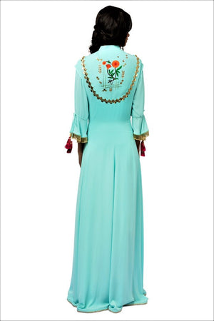 Buy sky blue embroidered kurta with skirt online in USA. Make a dazzling style statement at parties, weddings and festive occasions with a range of exquisite designer dresses, designer gowns, wedding lehengas available at Pure Elegance Indian clothing store in USA or on our online store.-back