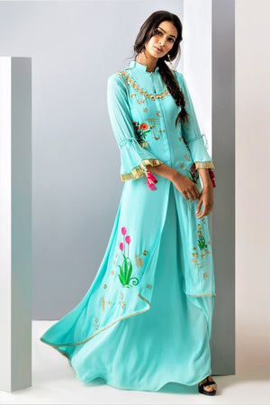 Buy sky blue embroidered kurta with skirt online in USA. Make a dazzling style statement at parties, weddings and festive occasions with a range of exquisite designer dresses, designer gowns, wedding lehengas available at Pure Elegance Indian clothing store in USA or on our online store.-side