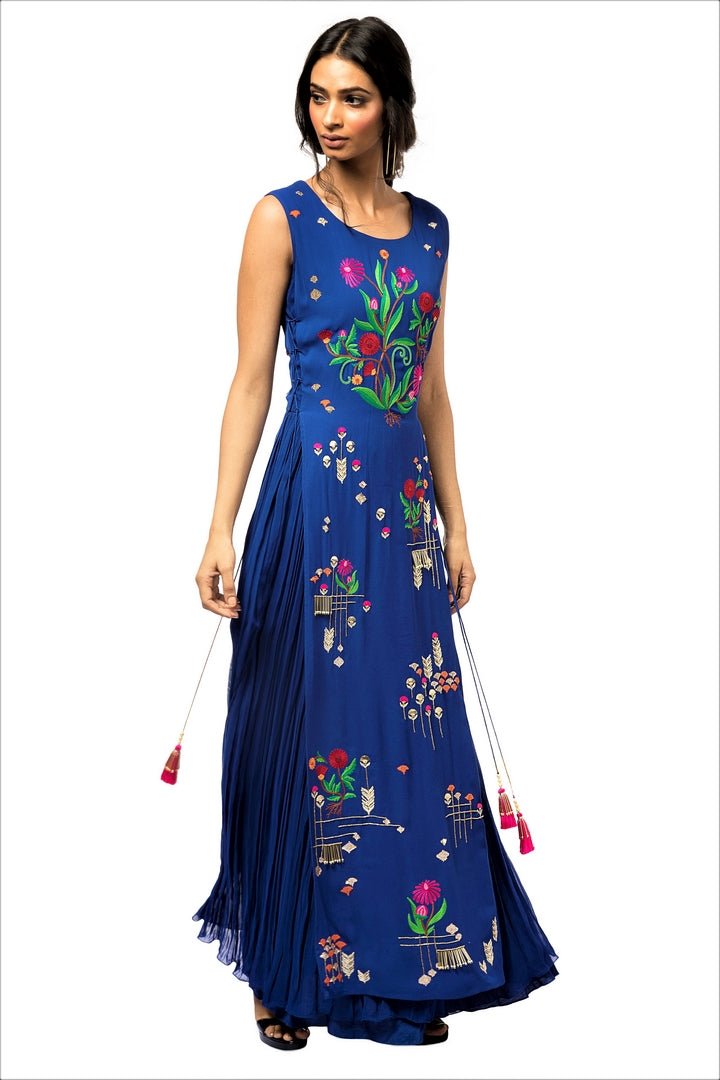 Shop blue embroidered layered gown online in USA. Make a dazzling style statement at parties, weddings and festive occasions with a range of exquisite designer dresses, designer gowns, wedding lehengas available at Pure Elegance Indian clothing store in USA or on our online store.-full view