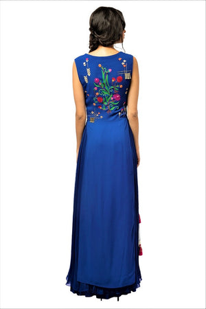 Shop blue embroidered layered gown online in USA. Make a dazzling style statement at parties, weddings and festive occasions with a range of exquisite designer dresses, designer gowns, wedding lehengas available at Pure Elegance Indian clothing store in USA or on our online store.-back
